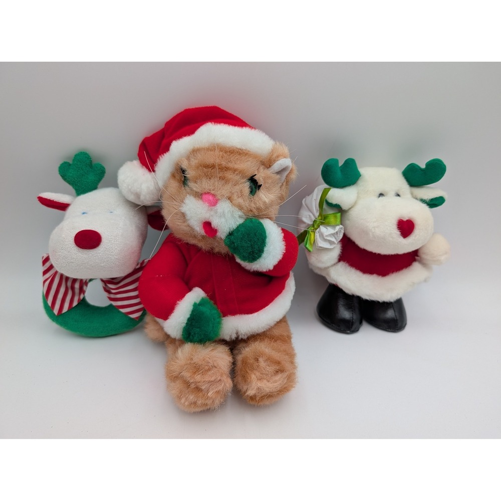 Soft Dreams Christmas Plush Lot Santa Cat Reindeer Rattle Vintage Stuffed Animal